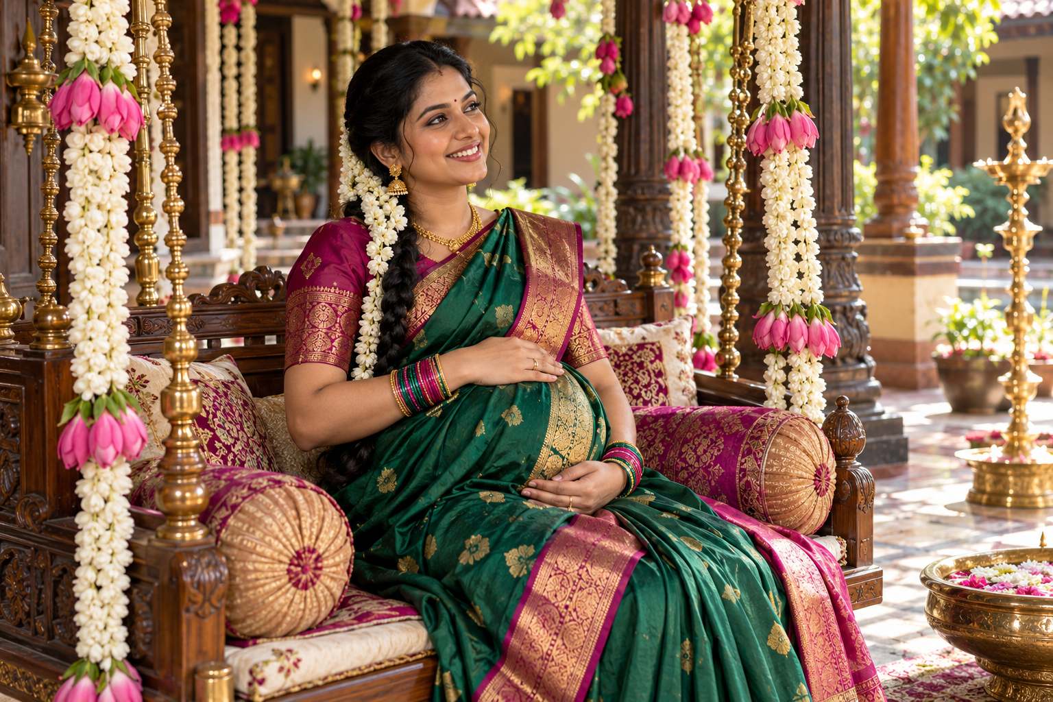 Expectant mother in an emerald silk saree seated on a jasmine-decorated traditional swing